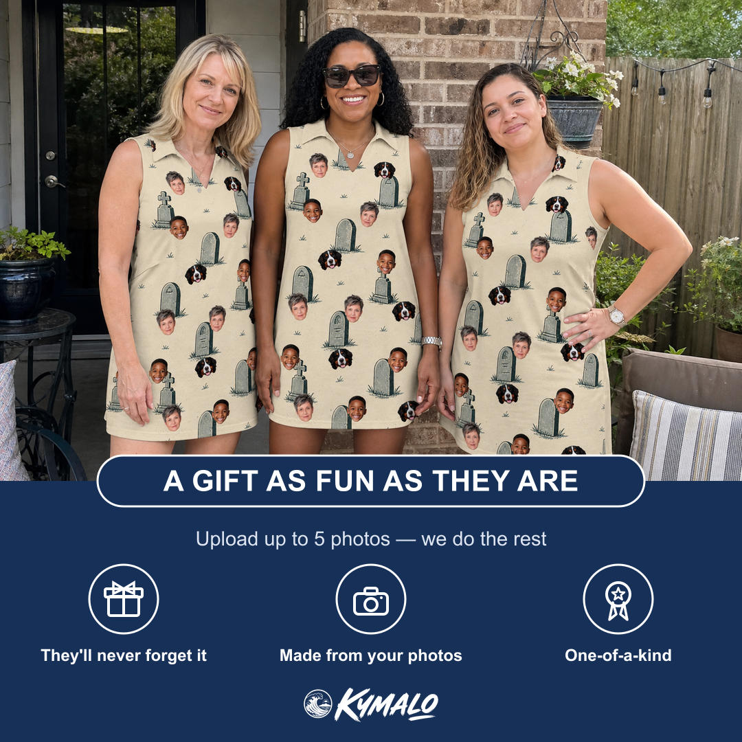 Friends in matching Women's Die Laughing Custom Face V-Neck Dress — a group gift photo