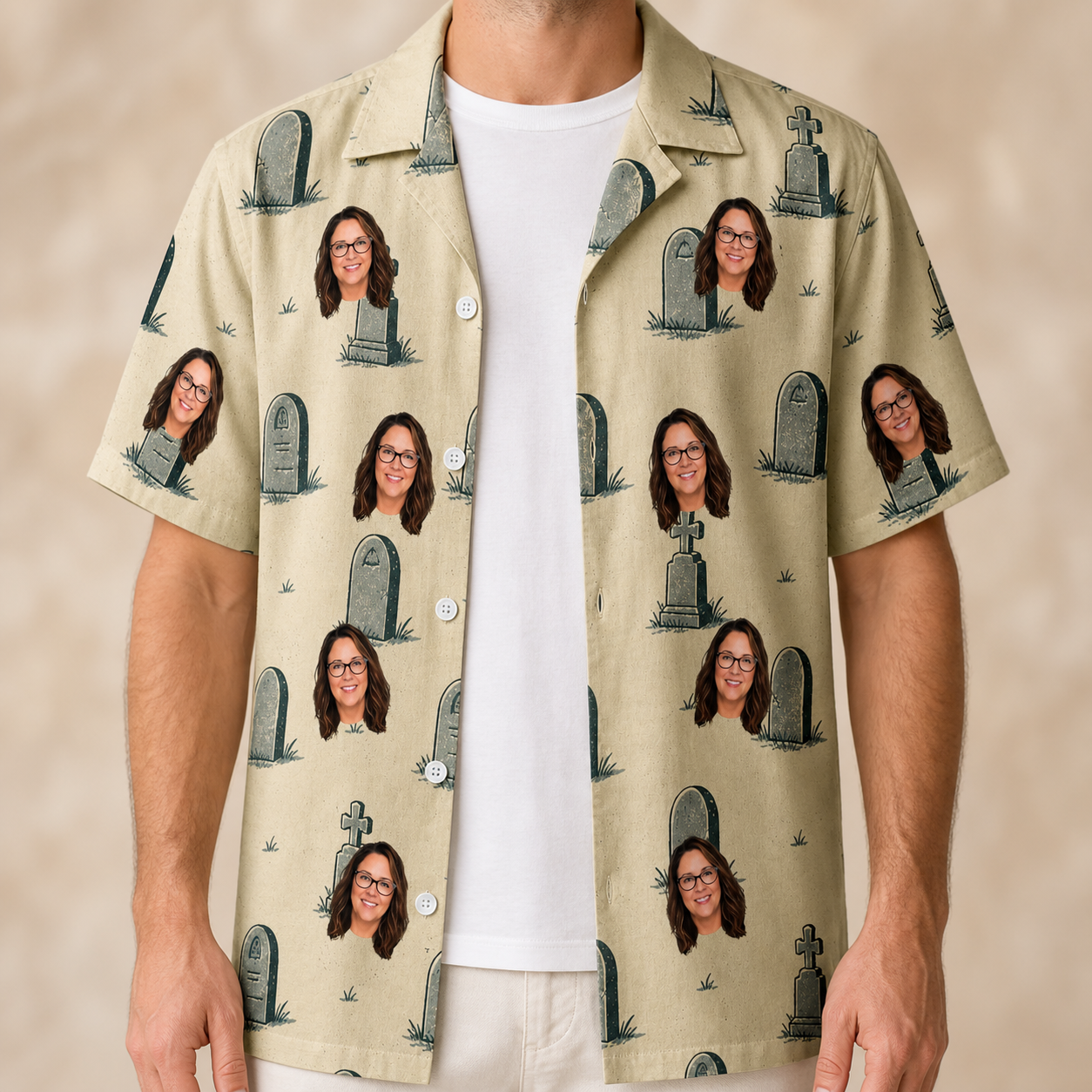 Man wearing Men's Die Laughing Custom Face Hawaiian Shirt open over a white tee