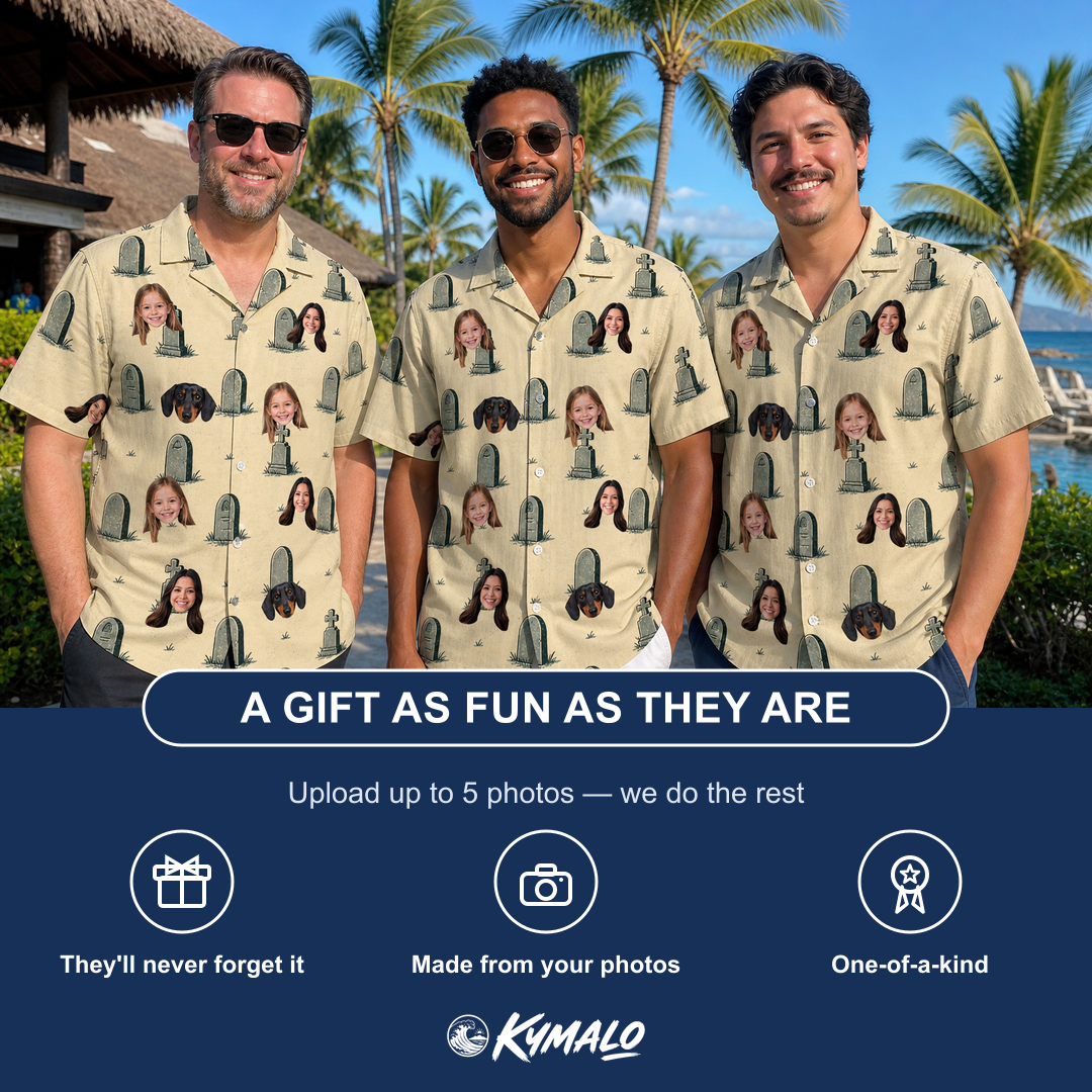 Friends in matching Men's Die Laughing Custom Face Hawaiian Shirt — a group gift photo