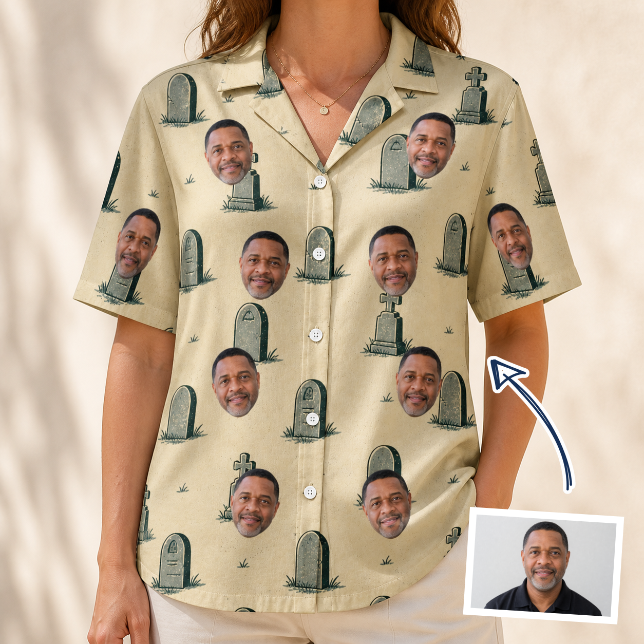 Woman wearing Women's Die Laughing Custom Face Hawaiian Shirt — custom faces printed all-over