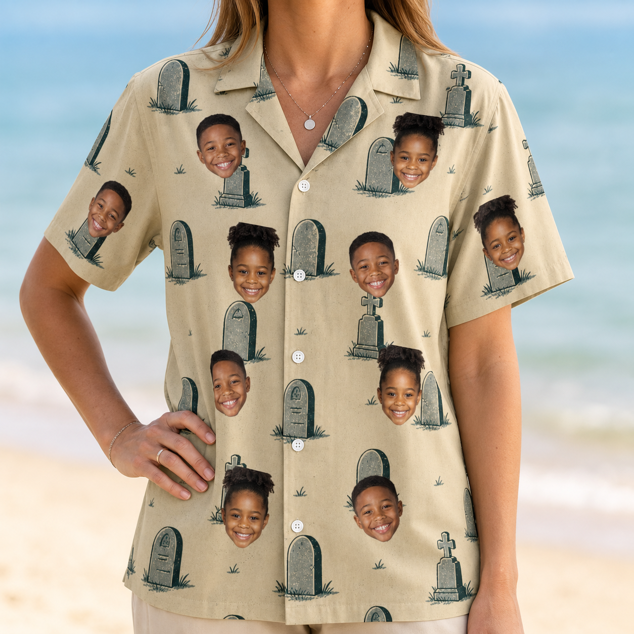 Model wearing Women's Die Laughing Custom Face Hawaiian Shirt printed with kids' faces
