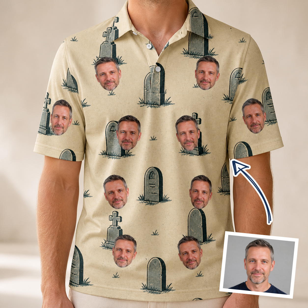 Man wearing Men's Die Laughing Custom Face Polo Shirt — custom faces printed all-over