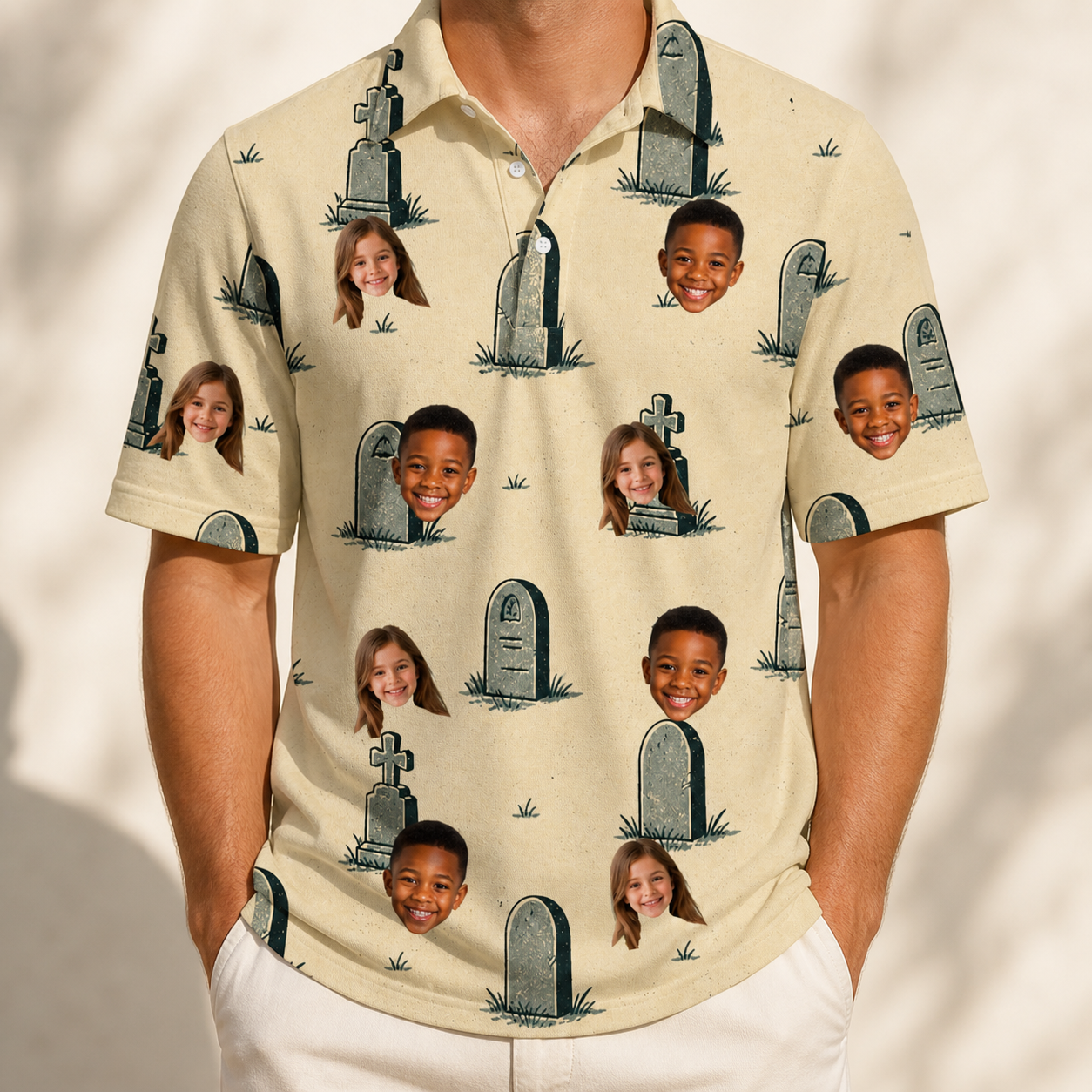Model wearing Men's Die Laughing Custom Face Polo Shirt printed with kids' faces