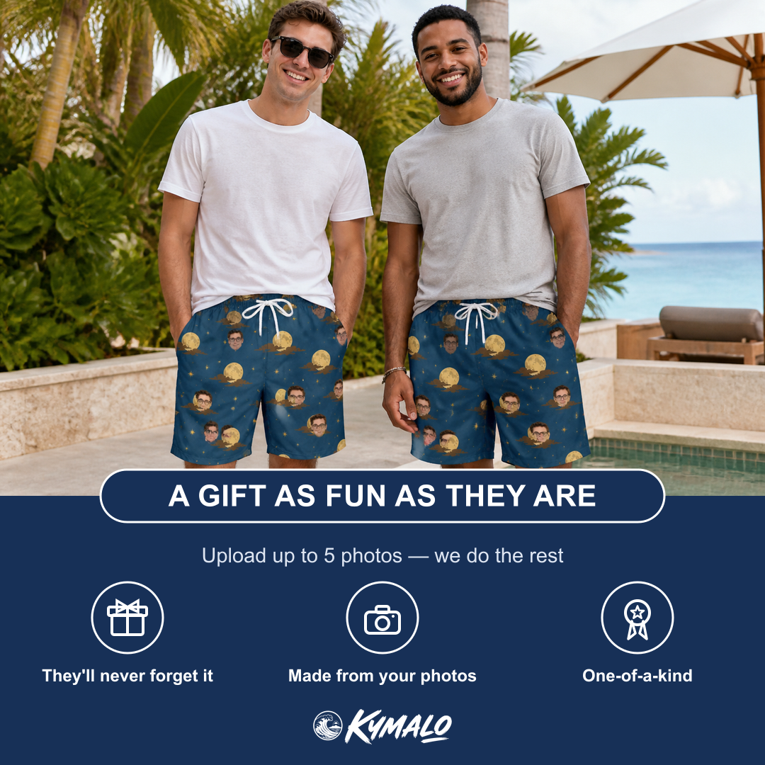 Friends in matching Men's Lunar Laughs Custom Face Beach Shorts — a group gift photo