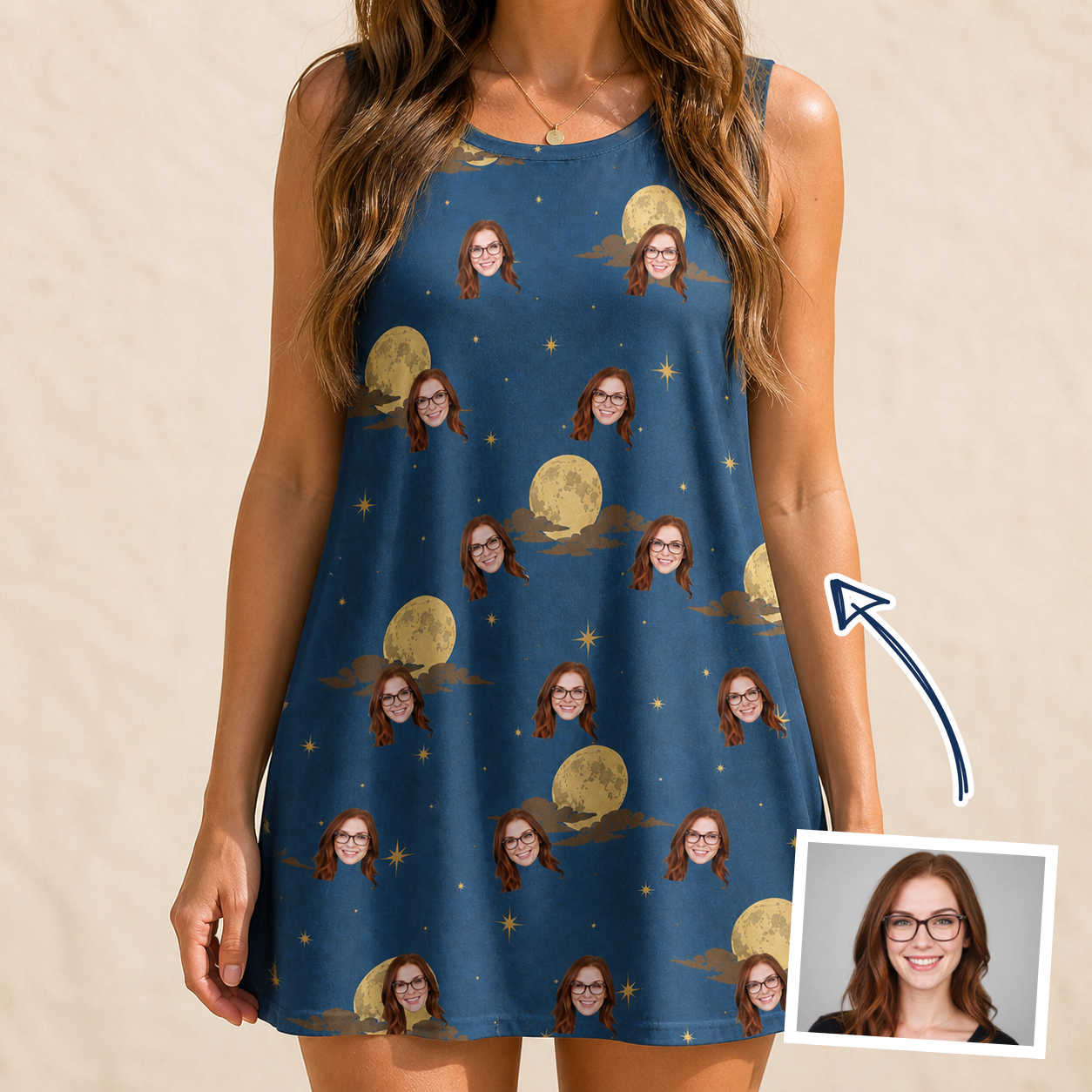 Woman wearing Women's Lunar Laughs Custom Face Tank Dress — custom faces printed all-over