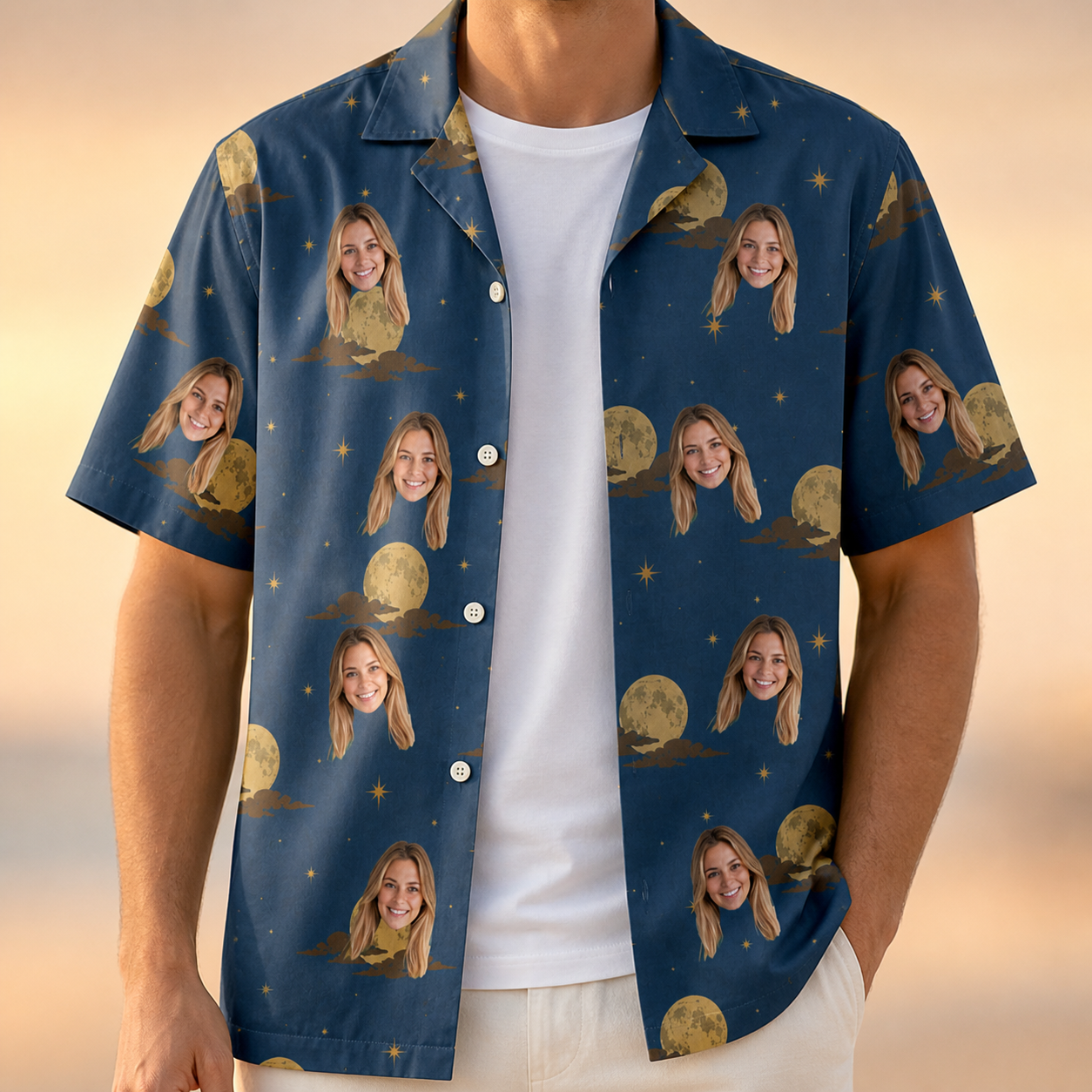 Man wearing Men's Lunar Laughs Custom Face Hawaiian Shirt open over a white tee