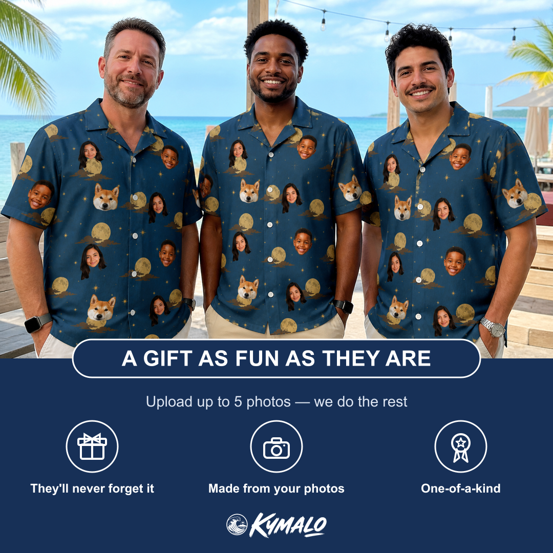 Friends in matching Men's Lunar Laughs Custom Face Hawaiian Shirt — a group gift photo