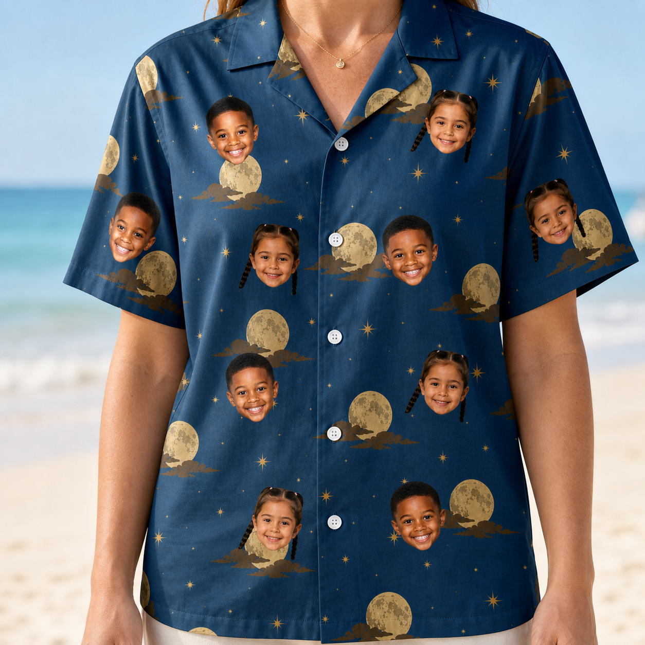 Model wearing Women's Lunar Laughs Custom Face Hawaiian Shirt printed with kids' faces