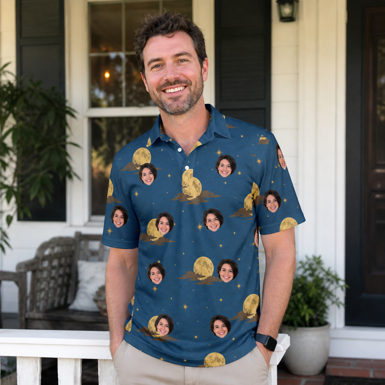 Real-life photo of someone wearing Men's Lunar Laughs Custom Face Polo Shirt — custom faces printed all-over