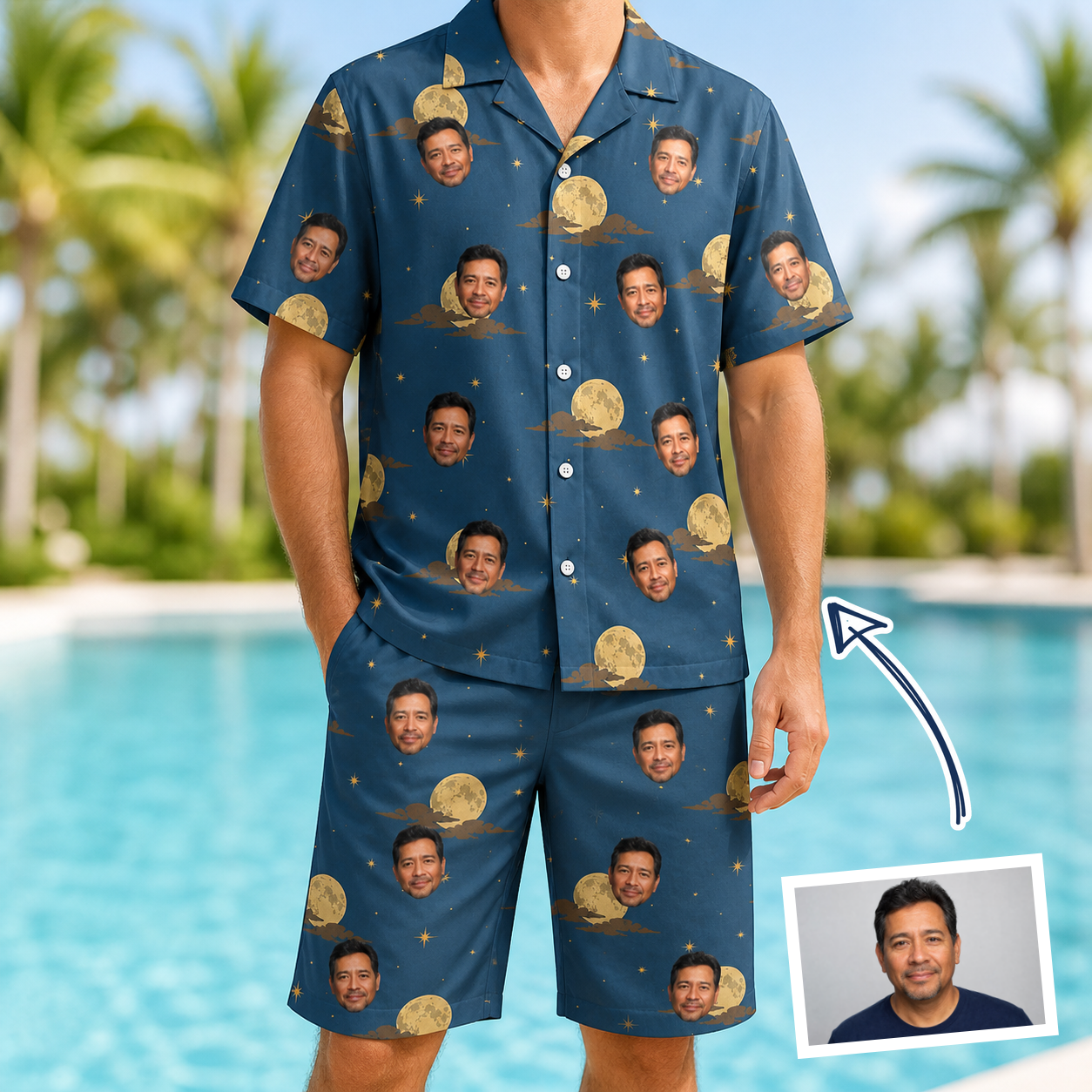 Man wearing Men's Lunar Laughs Custom Face Shirt & Shorts Set — custom faces printed all-over