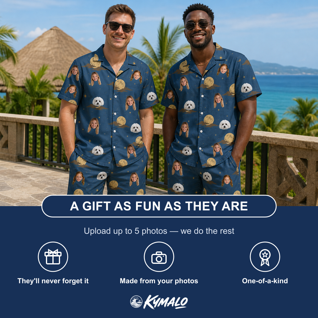 Friends in matching Men's Lunar Laughs Custom Face Shirt & Shorts Set — a group gift photo