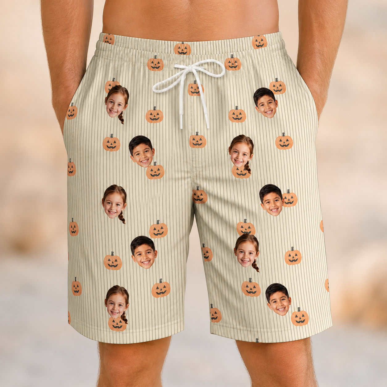 Model wearing Men's Fiery Fiends Custom Face Beach Shorts printed with kids' faces