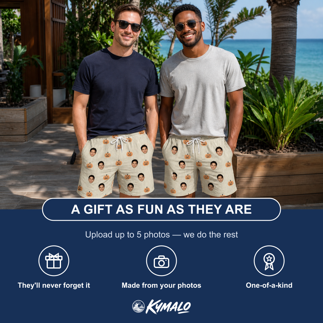 Friends in matching Men's Fiery Fiends Custom Face Beach Shorts — a group gift photo