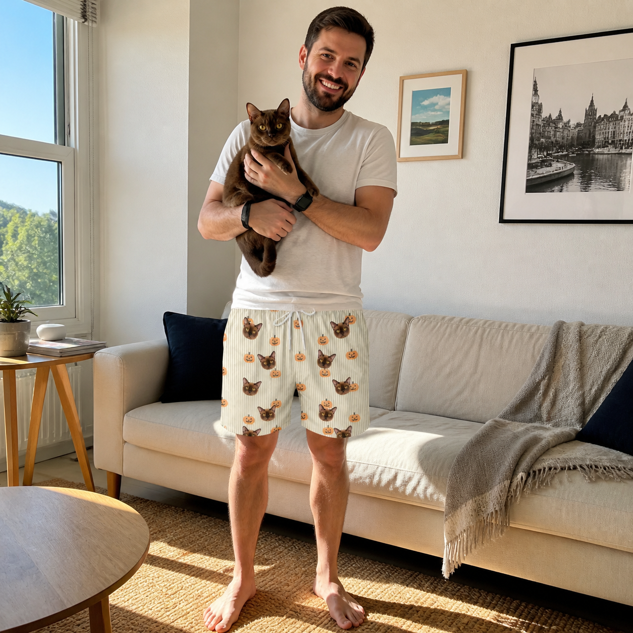 Full-length photo with the pet printed all over this Men's Fiery Fiends Custom Cat Face Beach Shorts