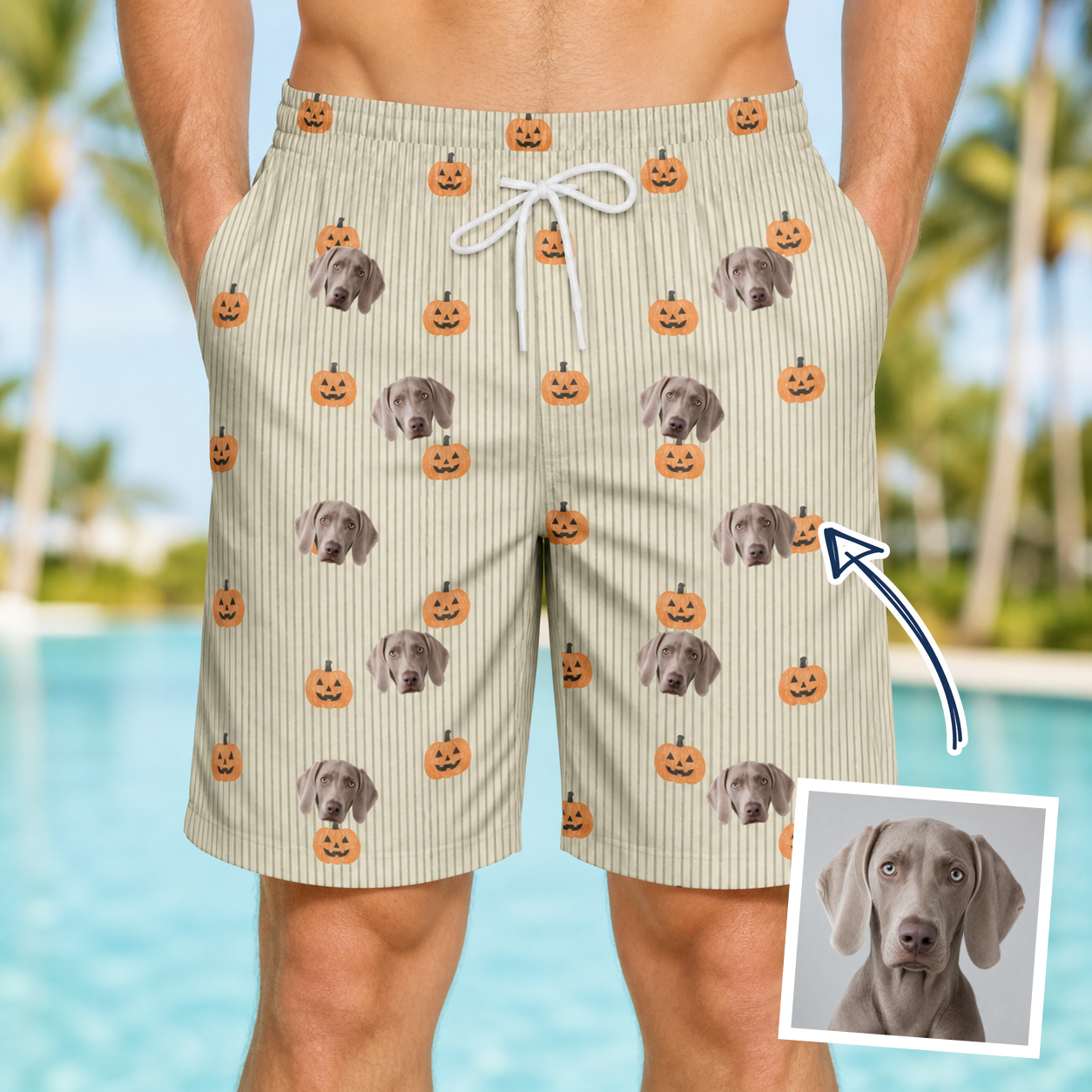 Man wearing Men's Fiery Fiends Custom Dog Face Beach Shorts — custom faces printed all-over