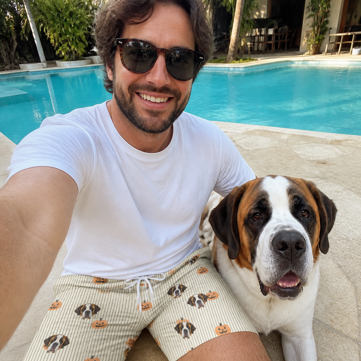Selfie with the pet whose face is printed all over this Men's Fiery Fiends Custom Dog Face Beach Shorts