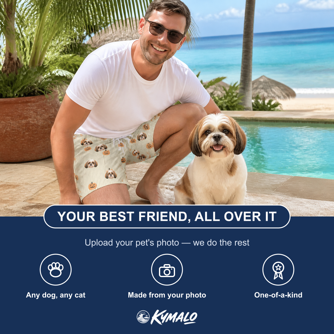 Friends in matching Men's Fiery Fiends Custom Dog Face Beach Shorts — a group gift photo