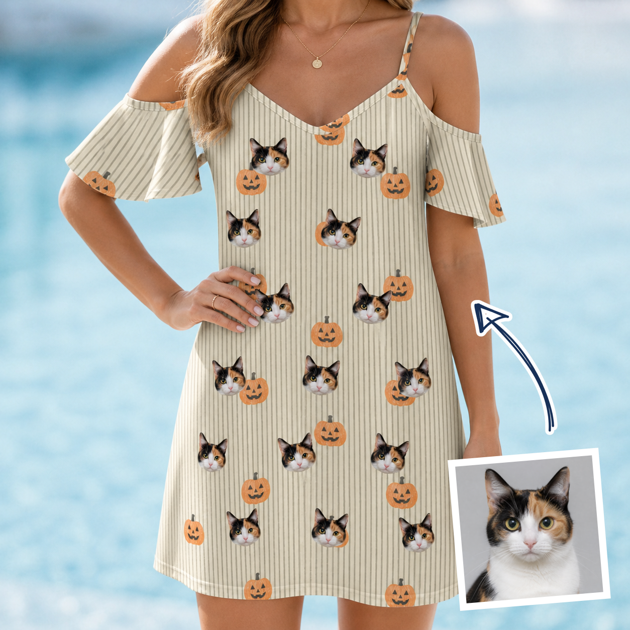 Woman wearing Women's Fiery Fiends Custom Cat Face Off-Shoulder Dress — custom faces printed all-over