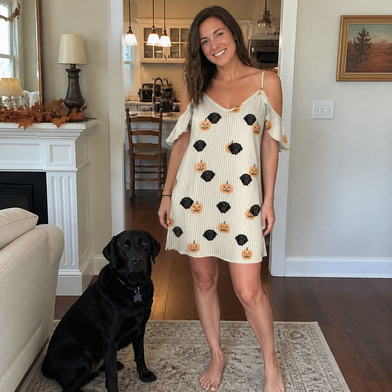 Full-length photo with the pet printed all over this Women's Fiery Fiends Custom Dog Face Off-Shoulder Dress