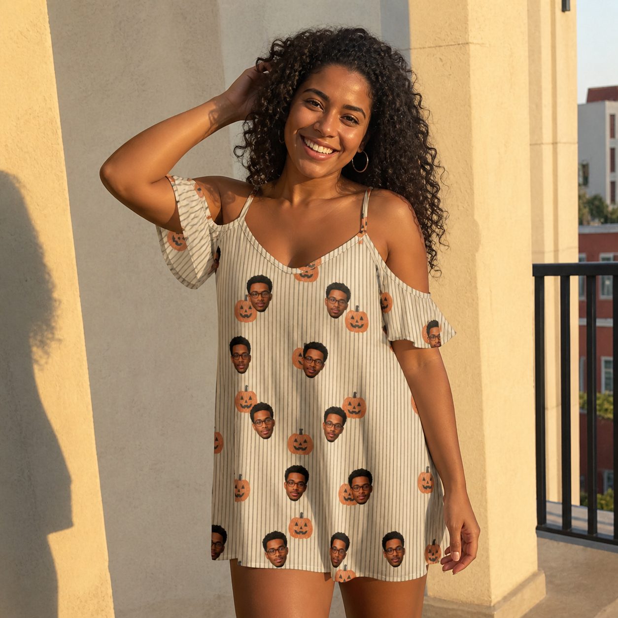 Real-life photo of someone wearing Women's Fiery Fiends Custom Face Off-Shoulder Dress — custom faces printed all-over
