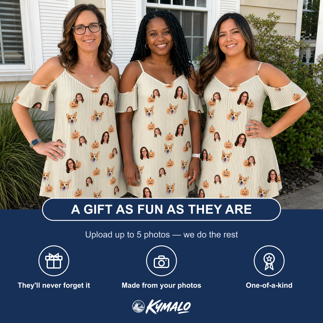 Friends in matching Women's Fiery Fiends Custom Face Off-Shoulder Dress — a group gift photo