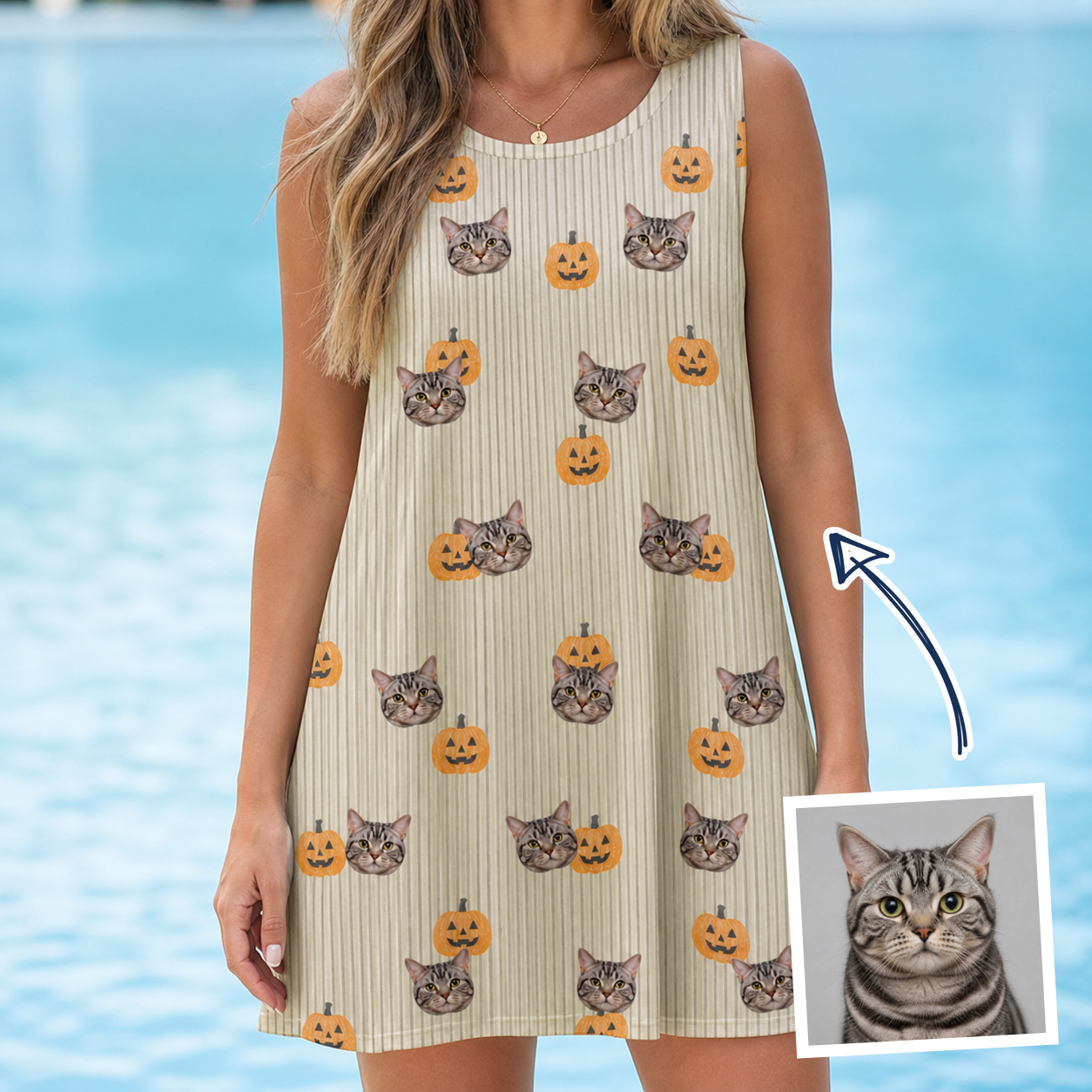 Woman wearing Women's Fiery Fiends Custom Cat Face Tank Dress — custom faces printed all-over