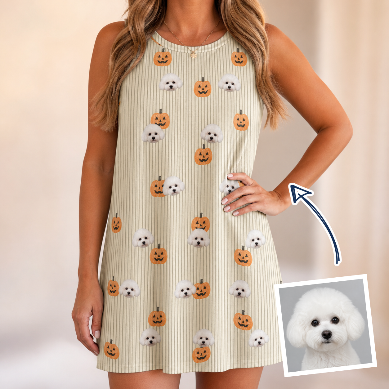 Woman wearing Women's Fiery Fiends Custom Dog Face Tank Dress — custom faces printed all-over