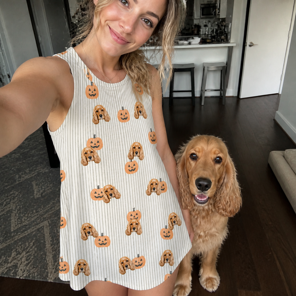 Selfie with the pet whose face is printed all over this Women's Fiery Fiends Custom Dog Face Tank Dress