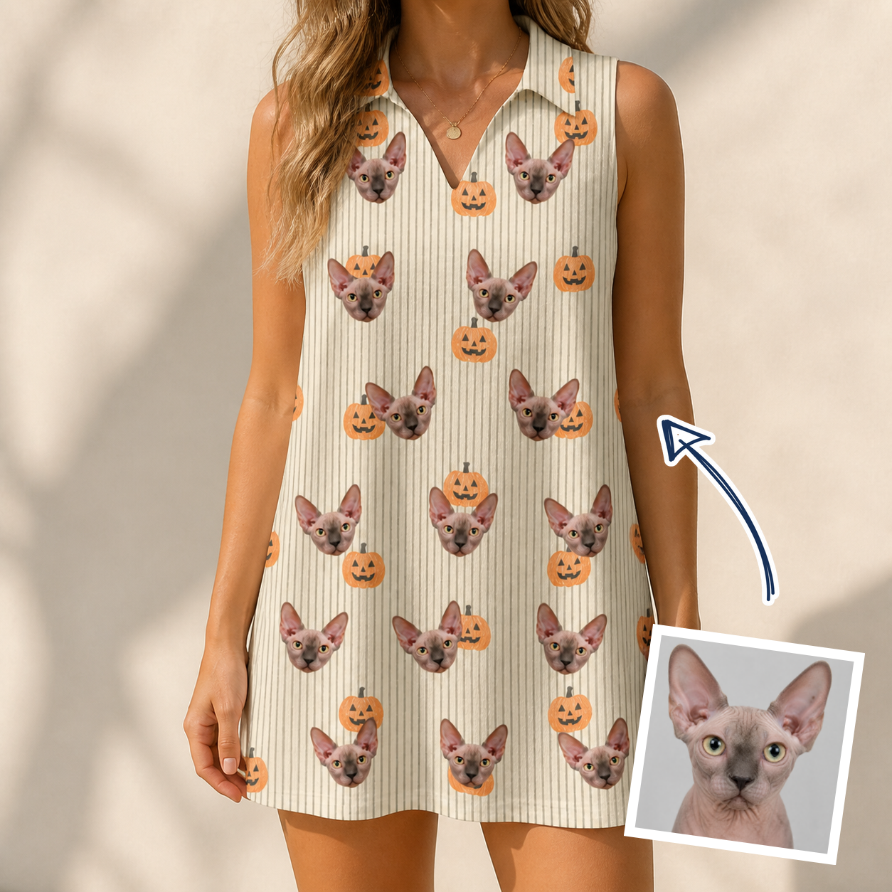 Woman wearing Women's Fiery Fiends Custom Cat Face V-Neck Dress — custom faces printed all-over