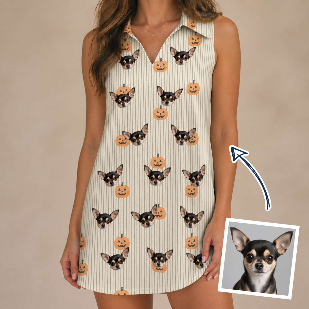 Woman wearing Women's Fiery Fiends Custom Dog Face V-Neck Dress — custom faces printed all-over