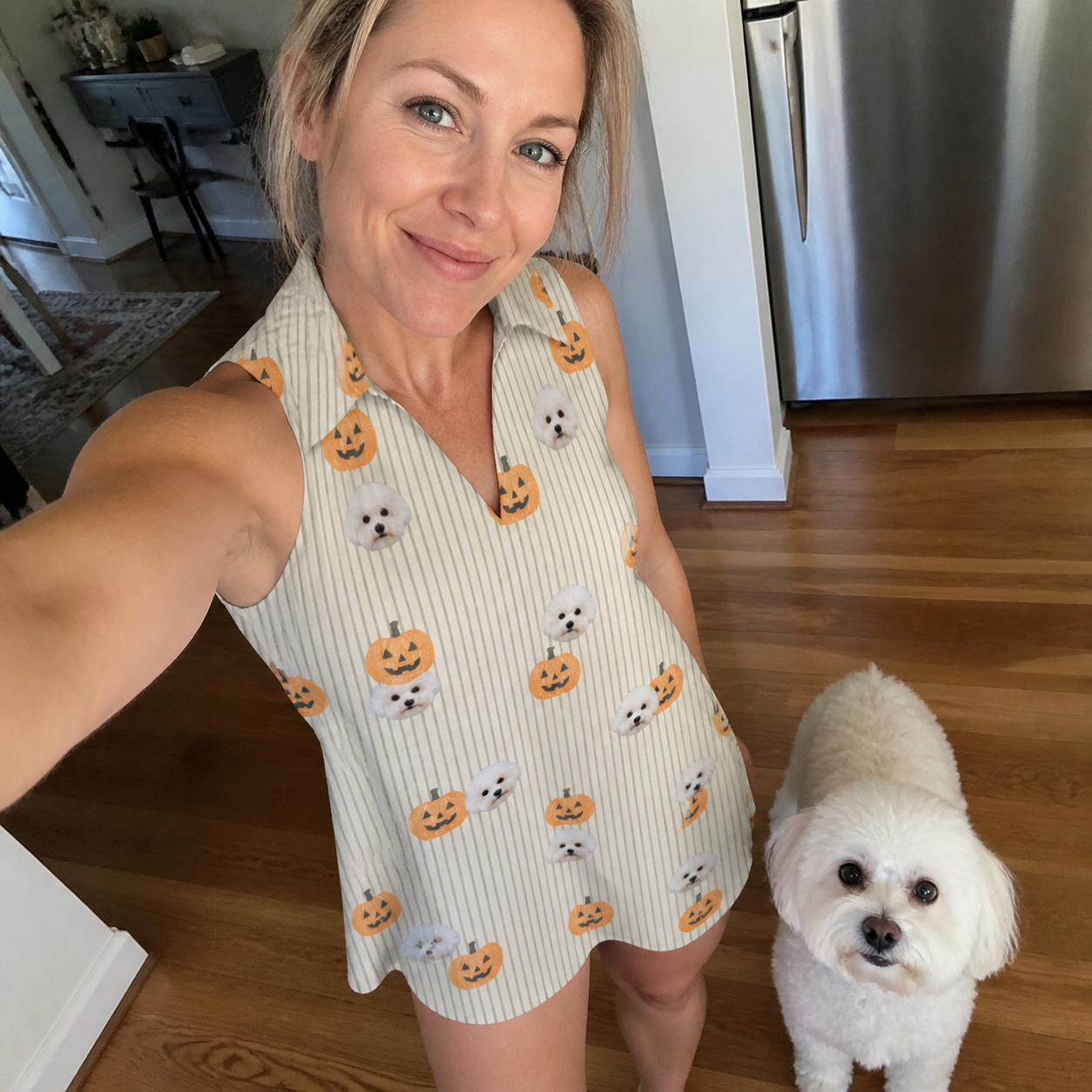 Selfie with the pet whose face is printed all over this Women's Fiery Fiends Custom Dog Face V-Neck Dress