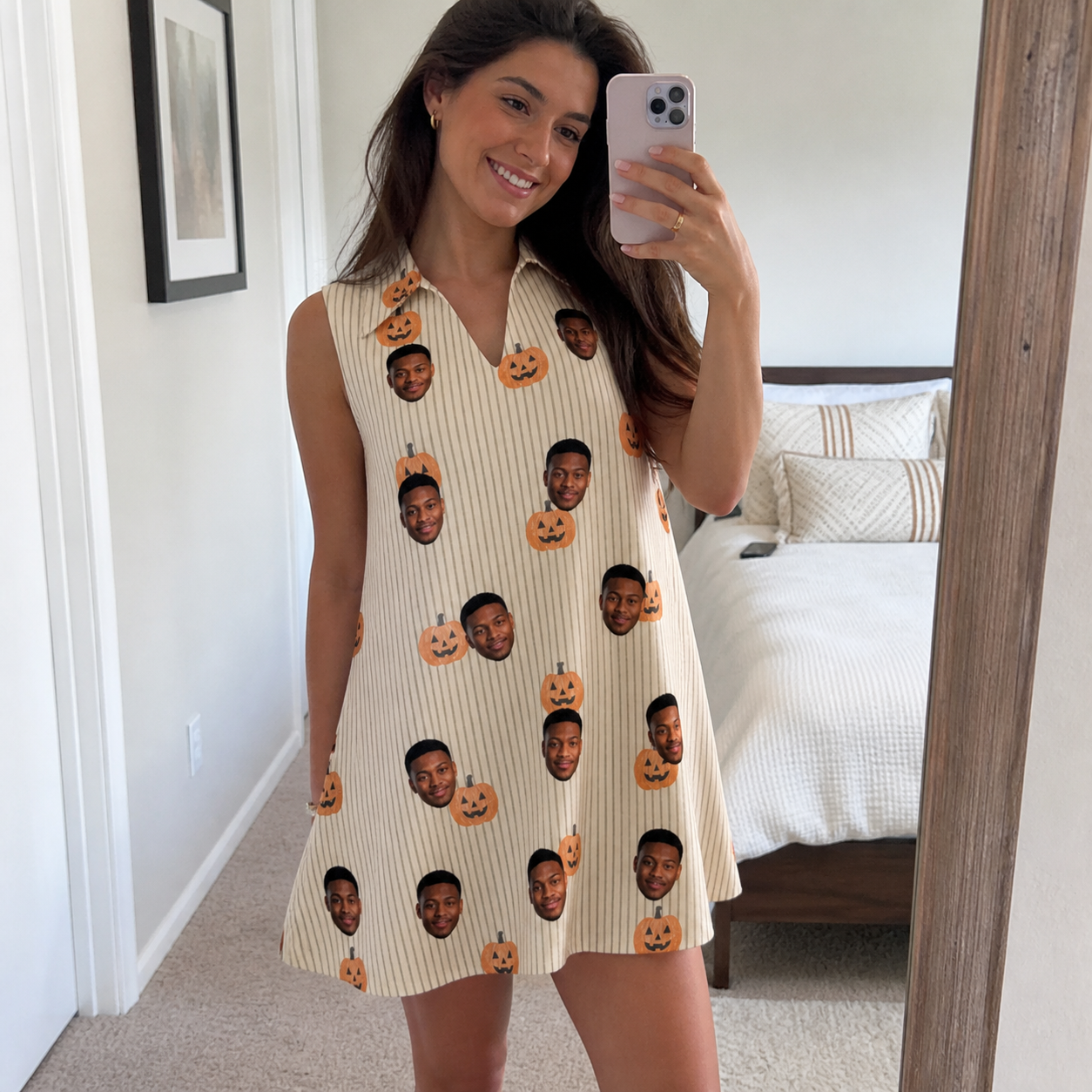 Real-life photo of someone wearing Women's Fiery Fiends Custom Face V-Neck Dress — custom faces printed all-over