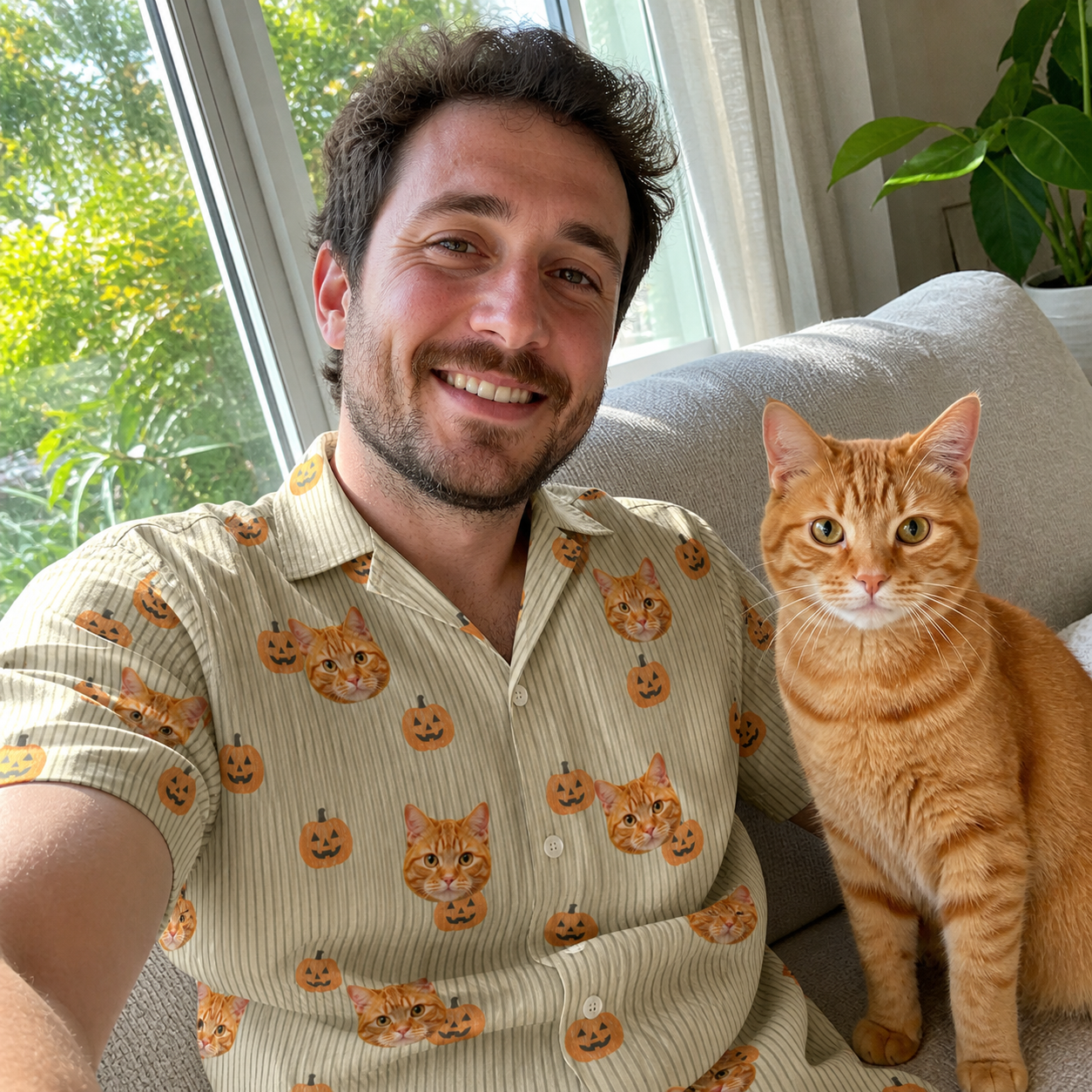 Selfie with the pet whose face is printed all over this Men's Fiery Fiends Custom Cat Face Hawaiian Shirt