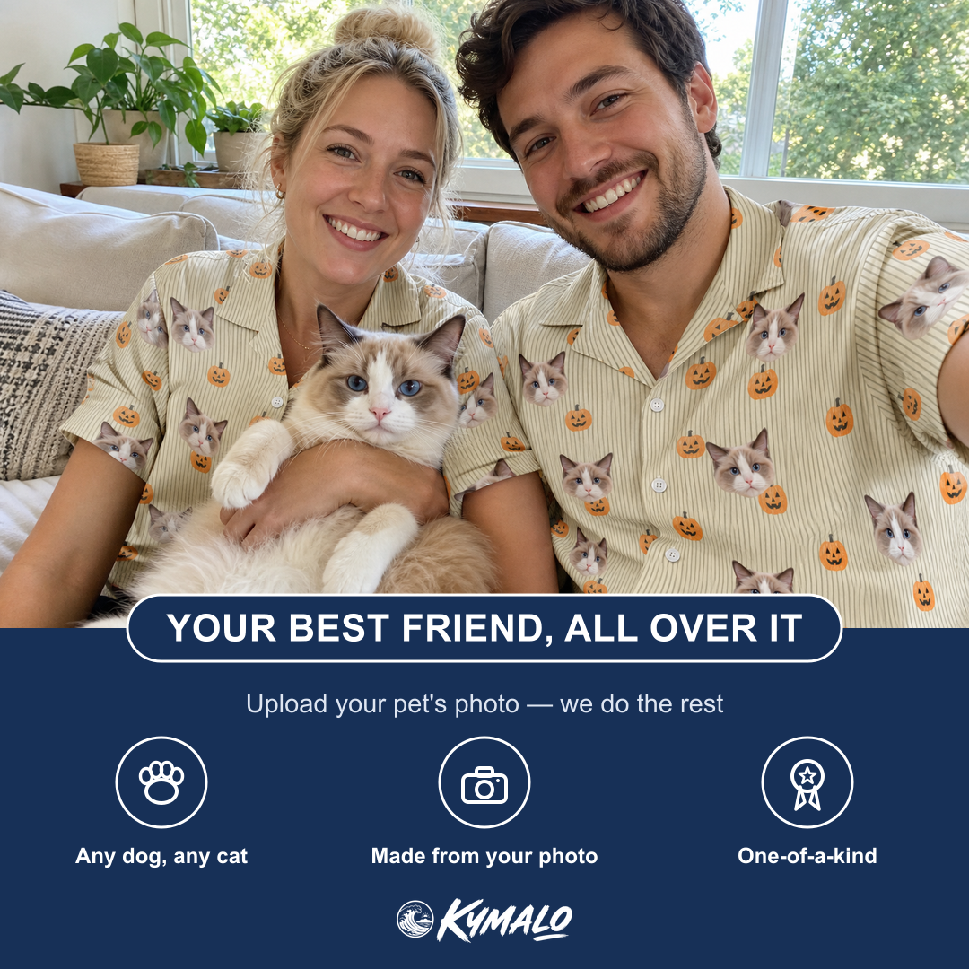 Friends in matching Men's Fiery Fiends Custom Cat Face Hawaiian Shirt — a group gift photo