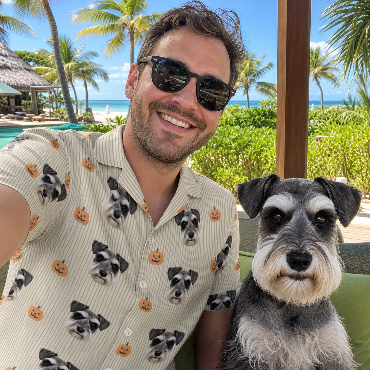 Selfie with the pet whose face is printed all over this Men's Fiery Fiends Custom Dog Face Hawaiian Shirt