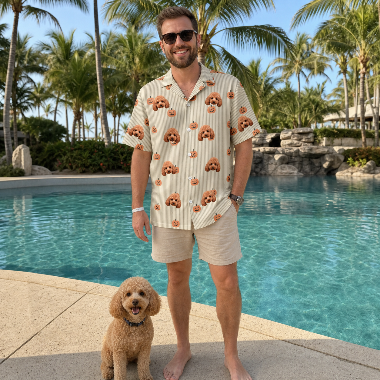 Full-length photo with the pet printed all over this Men's Fiery Fiends Custom Dog Face Hawaiian Shirt