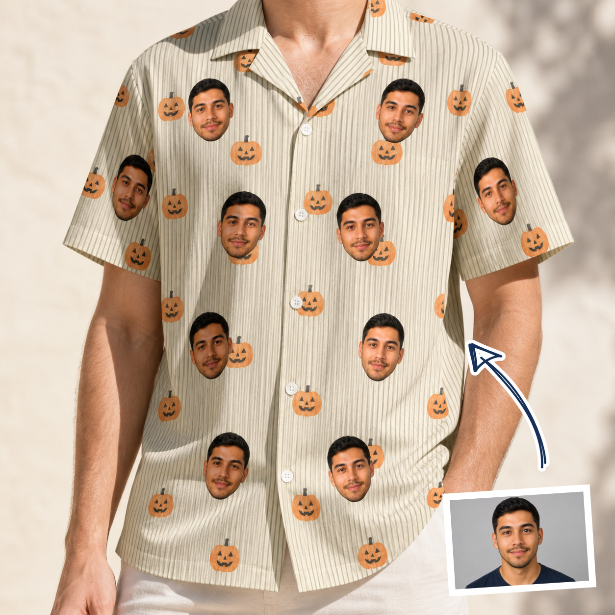 Man wearing Men's Fiery Fiends Custom Face Hawaiian Shirt — custom faces printed all-over