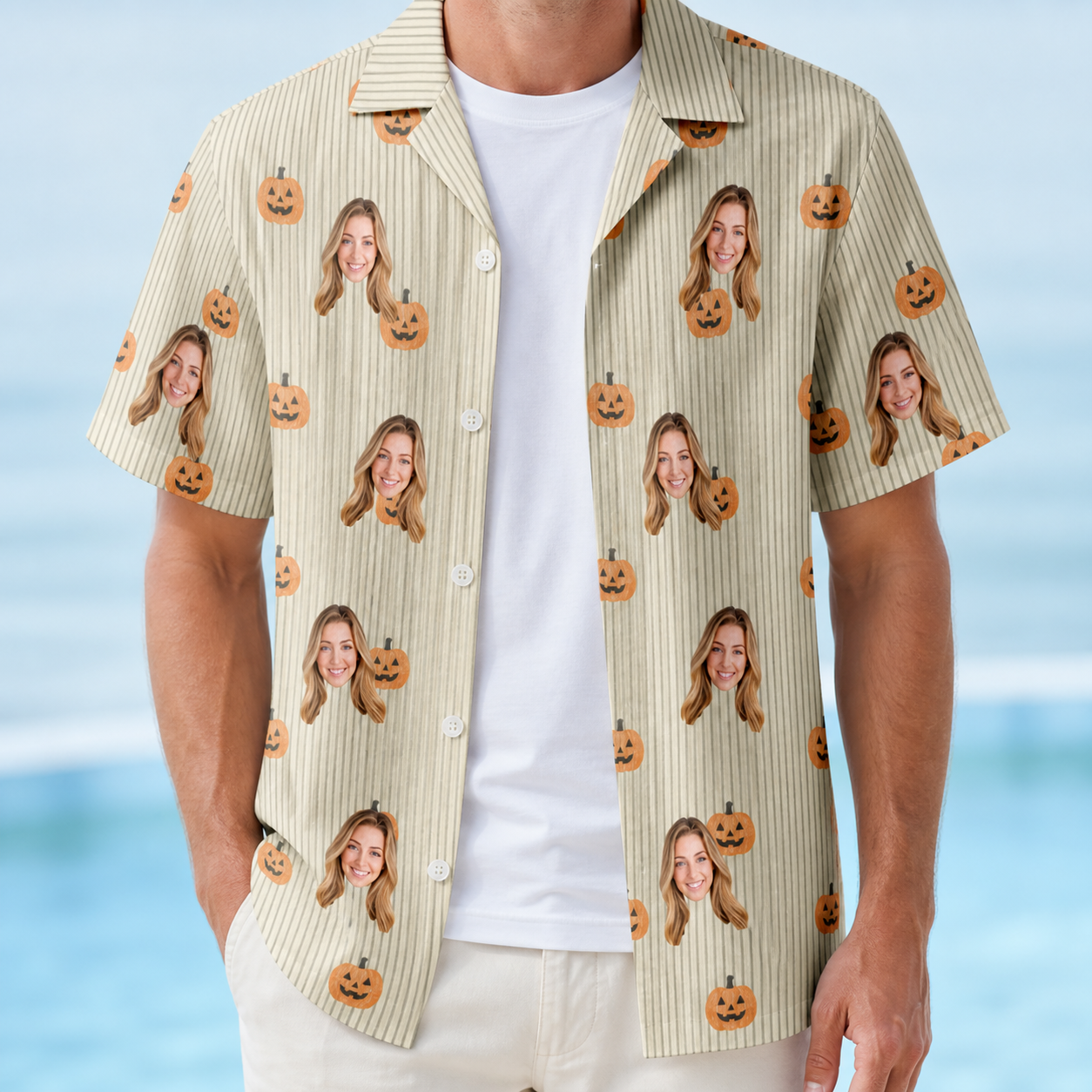 Man wearing Men's Fiery Fiends Custom Face Hawaiian Shirt open over a white tee