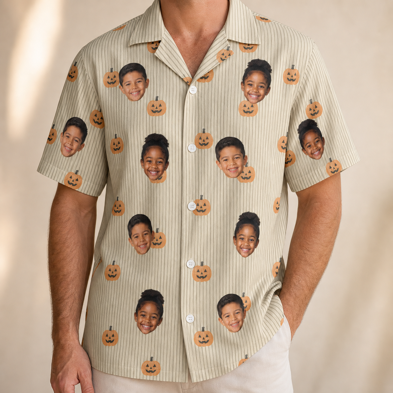 Model wearing Men's Fiery Fiends Custom Face Hawaiian Shirt printed with kids' faces