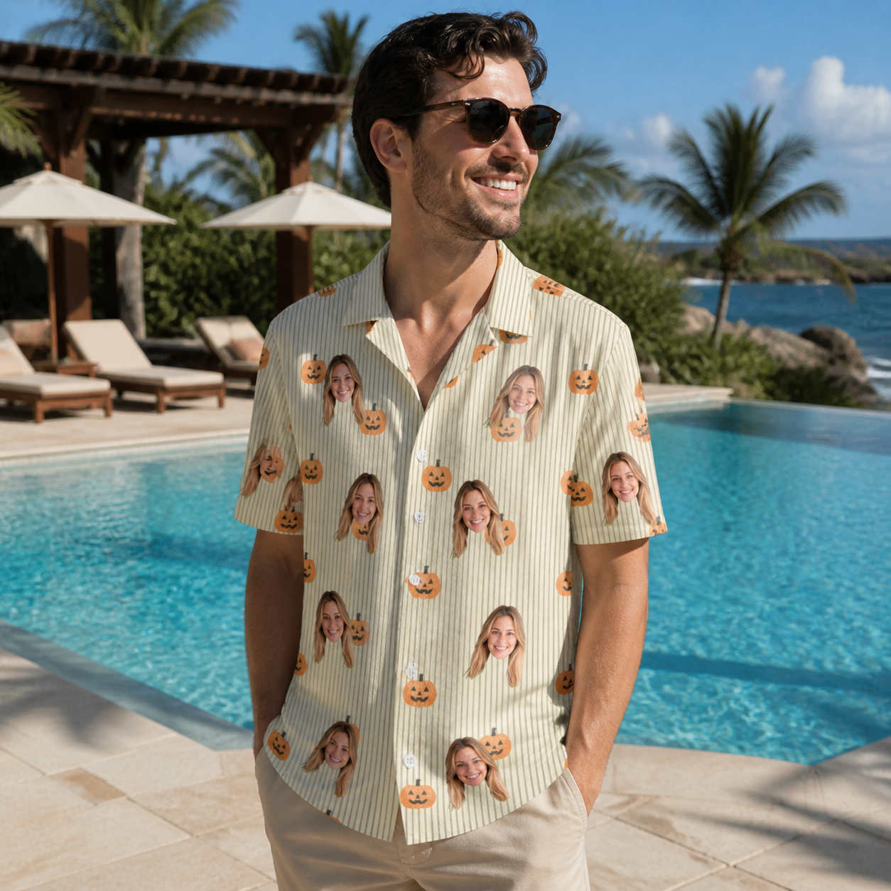 Real-life photo of someone wearing Men's Fiery Fiends Custom Face Hawaiian Shirt — custom faces printed all-over
