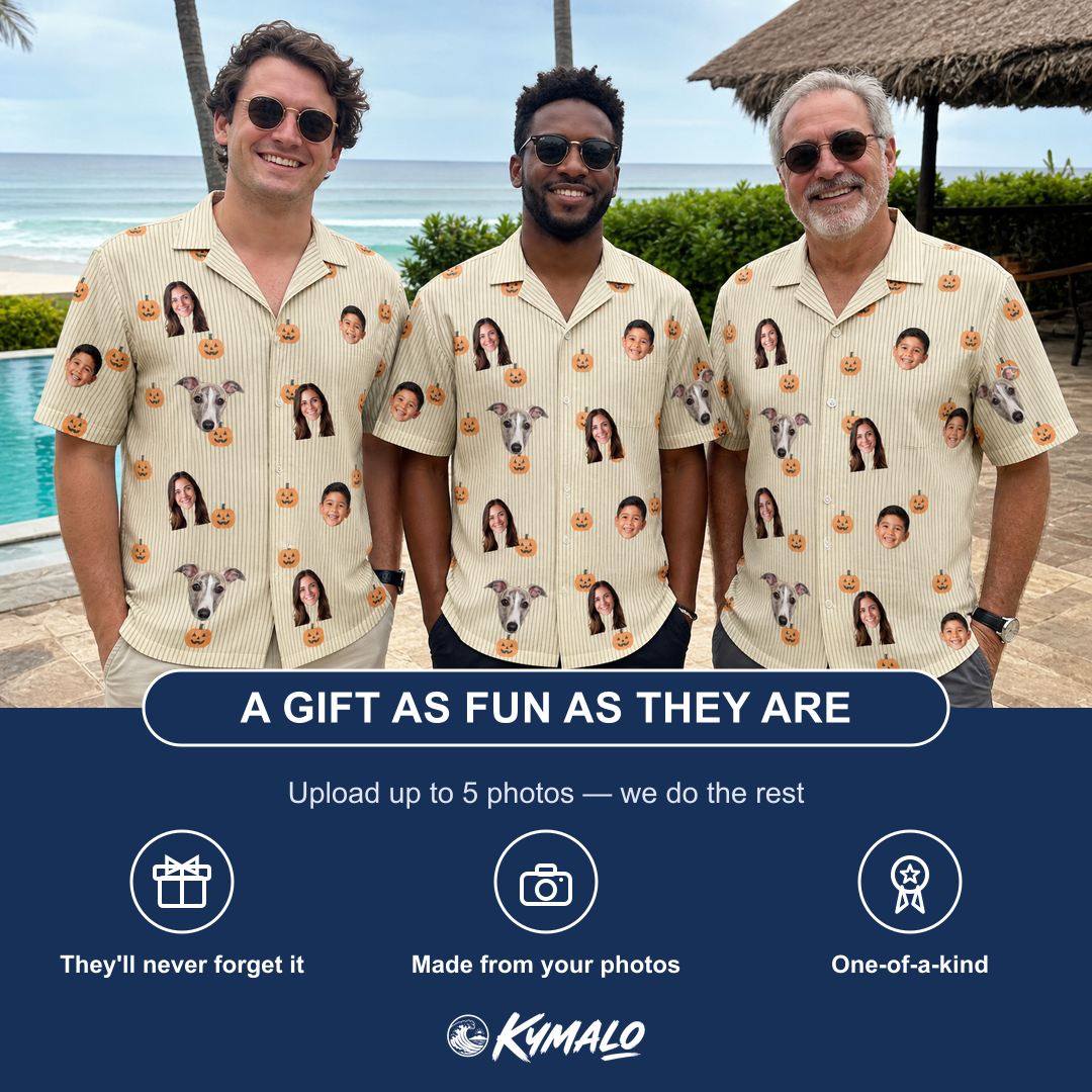 Friends in matching Men's Fiery Fiends Custom Face Hawaiian Shirt — a group gift photo