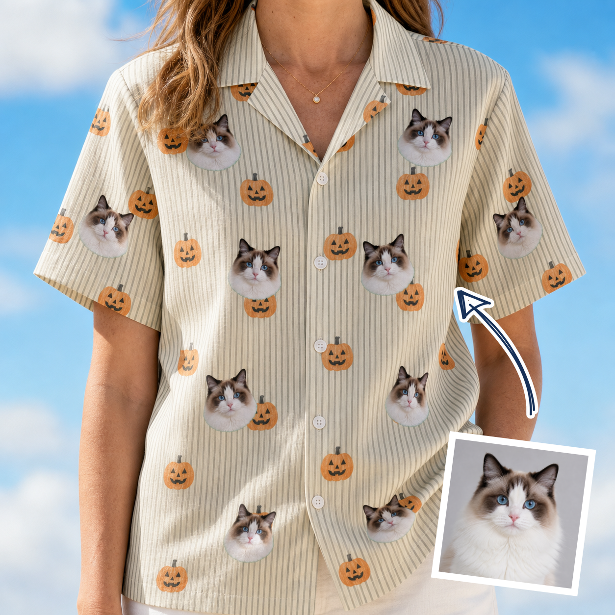 Woman wearing Women's Fiery Fiends Custom Cat Face Hawaiian Shirt — custom faces printed all-over
