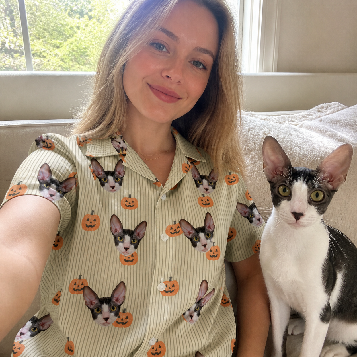 Selfie with the pet whose face is printed all over this Women's Fiery Fiends Custom Cat Face Hawaiian Shirt
