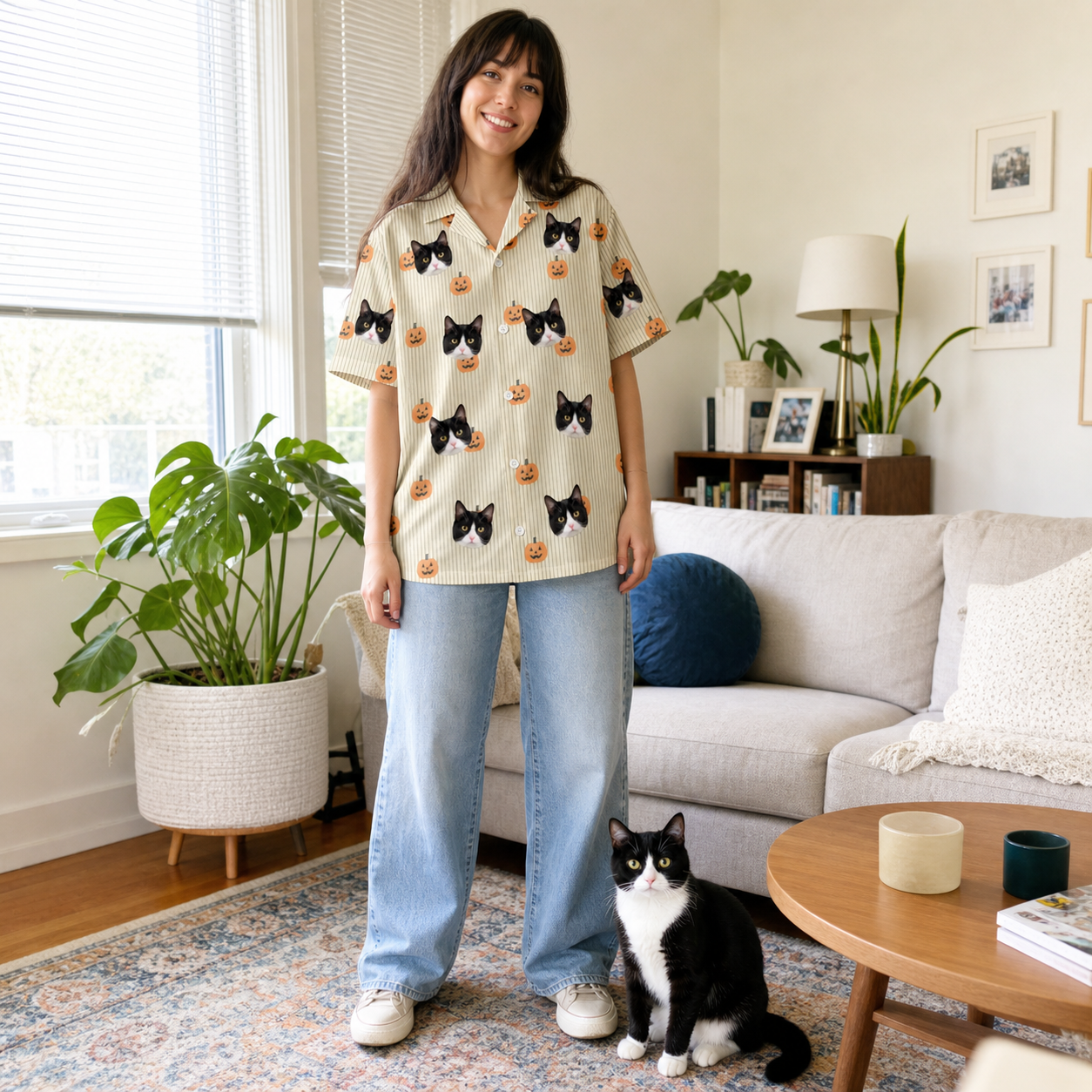 Full-length photo with the pet printed all over this Women's Fiery Fiends Custom Cat Face Hawaiian Shirt