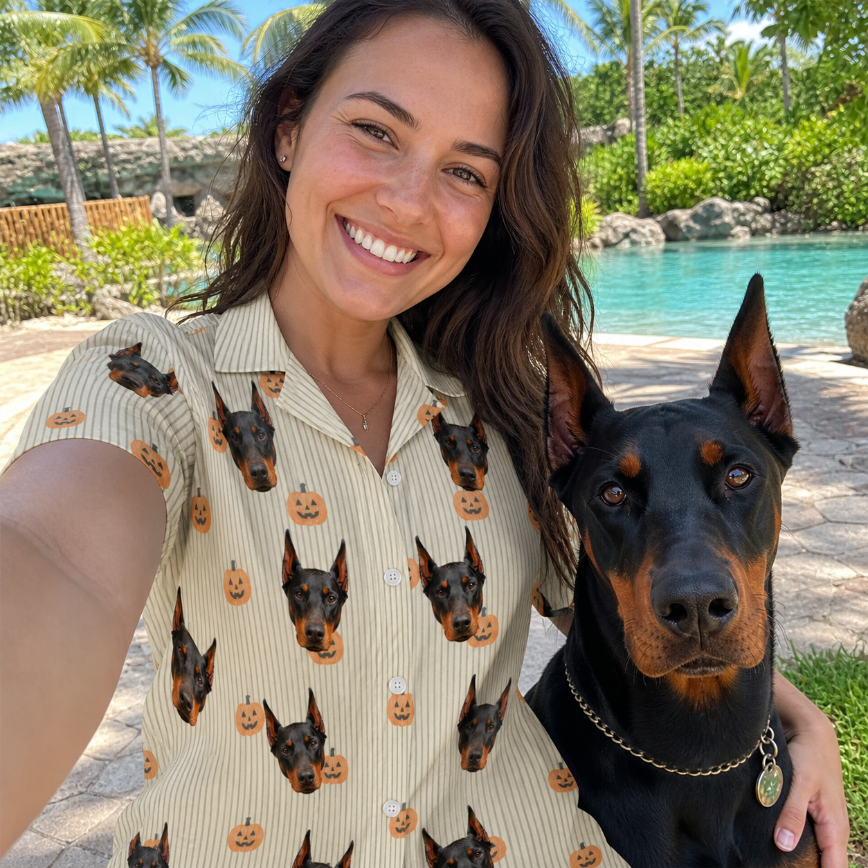 Selfie with the pet whose face is printed all over this Women's Fiery Fiends Custom Dog Face Hawaiian Shirt