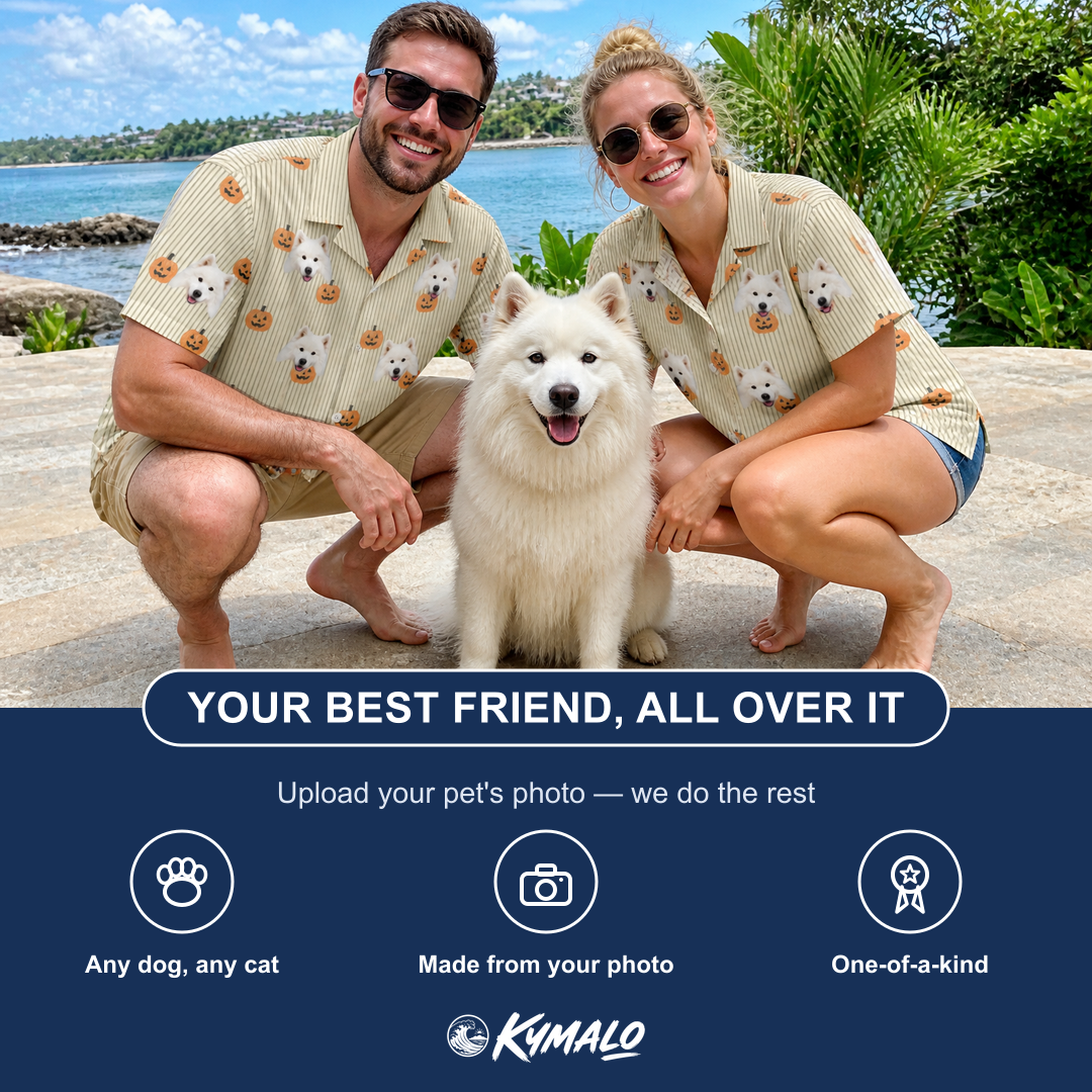 Friends in matching Women's Fiery Fiends Custom Dog Face Hawaiian Shirt — a group gift photo