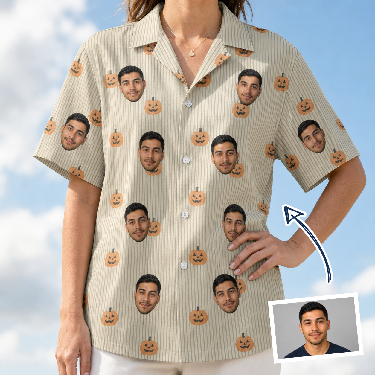 Woman wearing Women's Fiery Fiends Custom Face Hawaiian Shirt — custom faces printed all-over