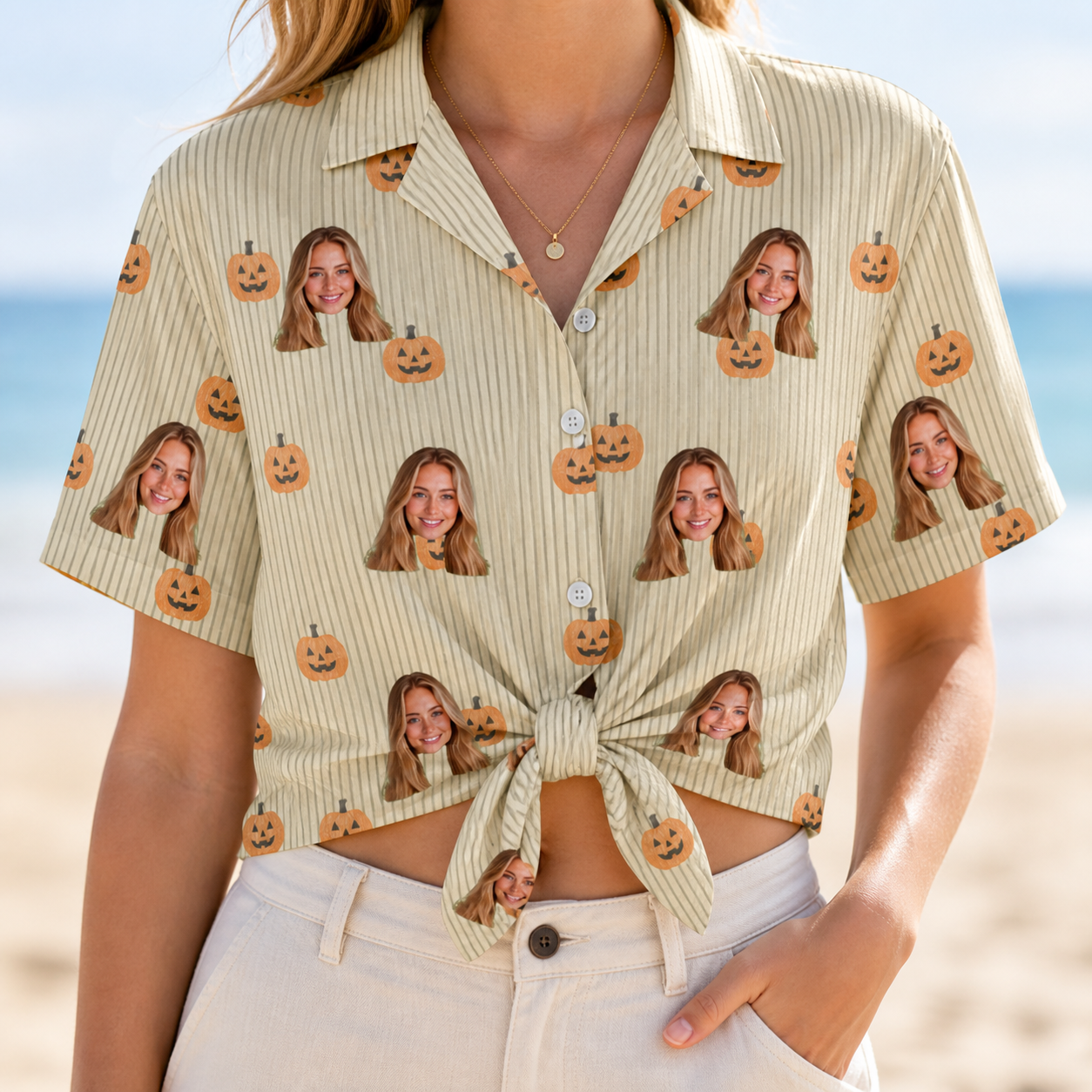 Woman wearing Women's Fiery Fiends Custom Face Hawaiian Shirt tied at the waist