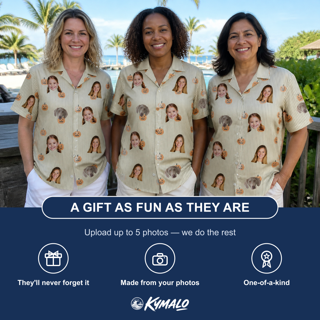 Friends in matching Women's Fiery Fiends Custom Face Hawaiian Shirt — a group gift photo