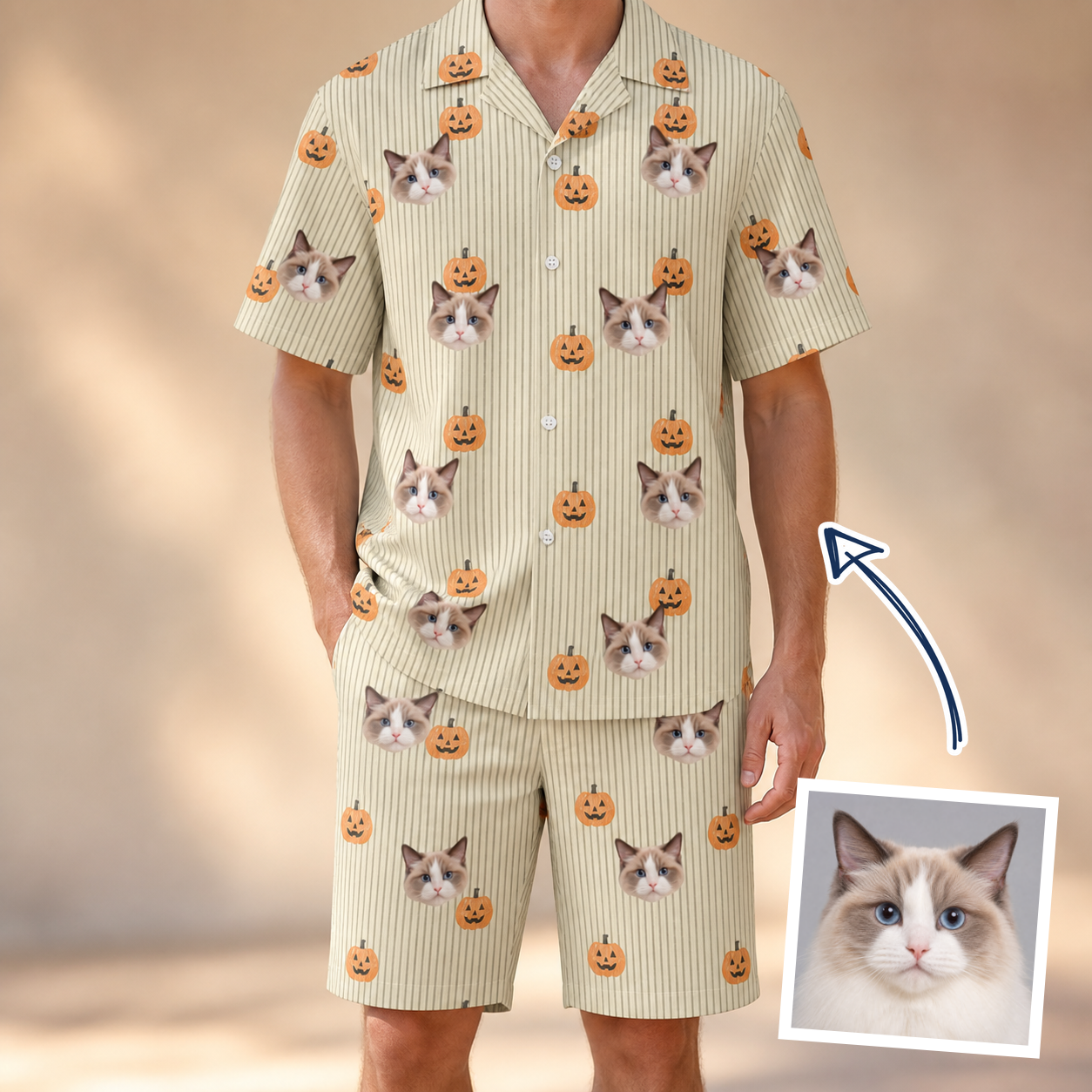 Man wearing Men's Fiery Fiends Custom Cat Face Shirt & Shorts Set — custom faces printed all-over